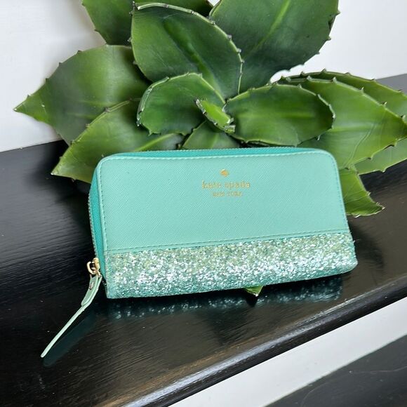 Kate Spade Glitter-Trim Genuine Leather Zip-Around Wallet Matching Tote Availabl - Picture 1 of 4